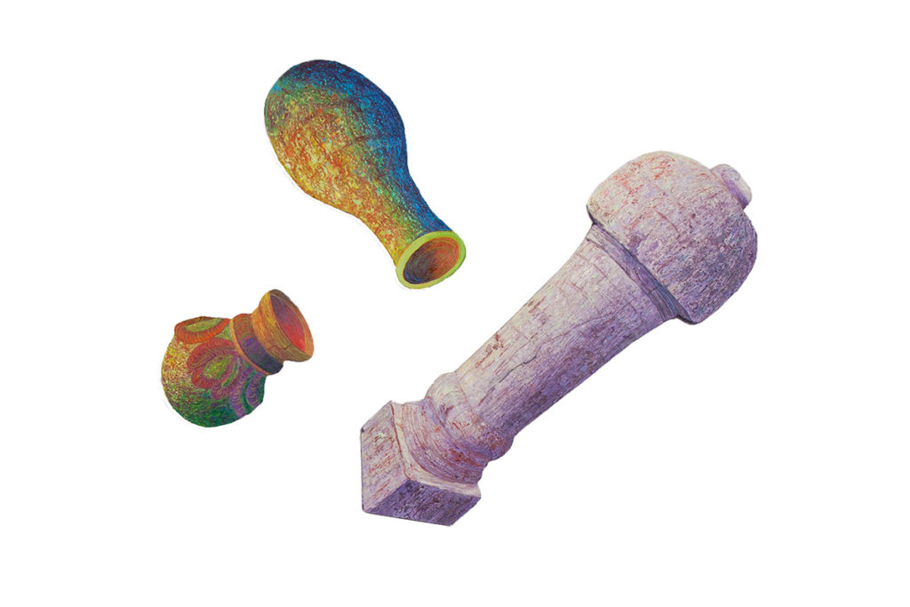 Pediment, Vase, Morrocan fragment, shaped 2D boards approx 30" x 12", 16" x 8", 10" x 8"